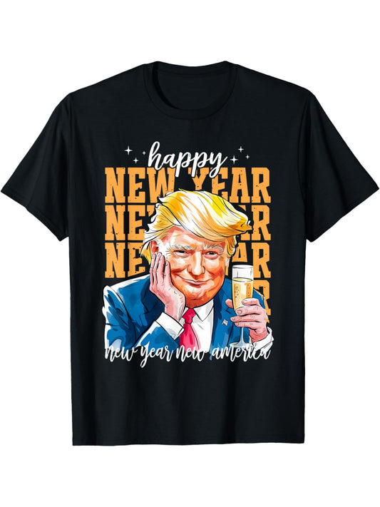 Happy New Year 2025 Funny Trump Retro Trendy Printed T-shirt, Men'S Casual and Comfortable T-shirt Summer, Men'S Short-sleeved Top for Everyday Activities Birthday Gift To Men