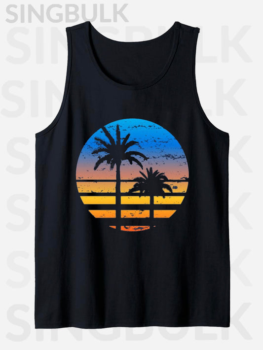 Palm Trees Print, Men'S 100% Cotton Casual Sleeveless T-shirt, Round Tank Tops for Summer, Fish Collection Graphic Tee Men'S Outdoor Clothes, Men'S Clothing
