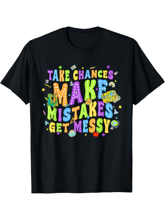 Magic Schoolbus Take Chances Make Mistakes Get Messy Humor Vintage Printed T-shirt, Men's Casual and Comfortable T-shirt Summer, Men's Short-sleeved Top for Everyday Activities Birthday Gift to Men
