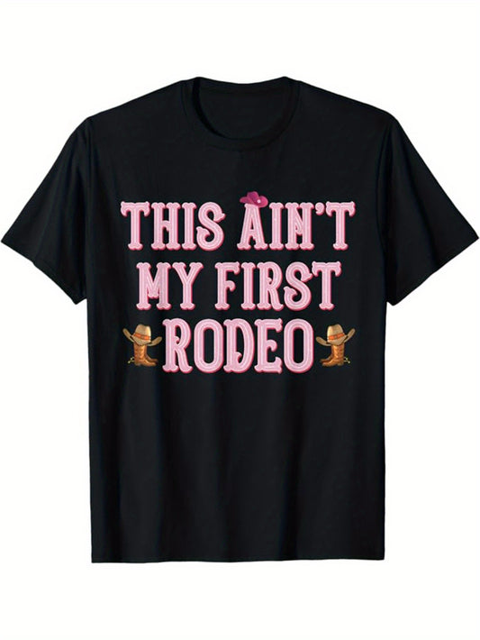 Men's Western Cowboy Graphic T-Shirt - "This Ain't My First Rodeo" Print, 100% Cotton Relaxed Fit Short Sleeve Crew Neck Tee, Machine Washable Casual Top for Outdoor & Casual Attire, Casual Wear | Graphic Tee | Comfortable Wear