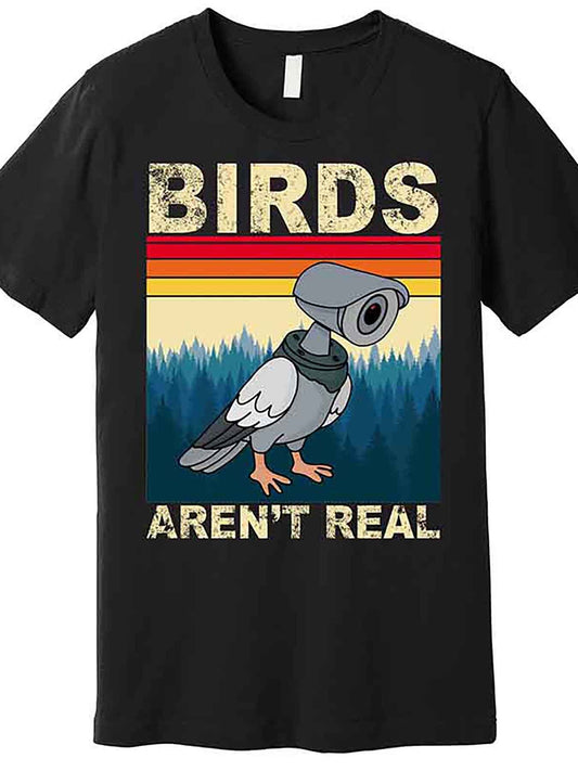 Men’s Funny "Birds Aren’t Real" Graphic T-Shirt - Casual Short Sleeve Cotton Tee with Camera Sunset Design, Black, AA Collection, Humorous Apparel | Sunset Camera Design | Comfortable Fit