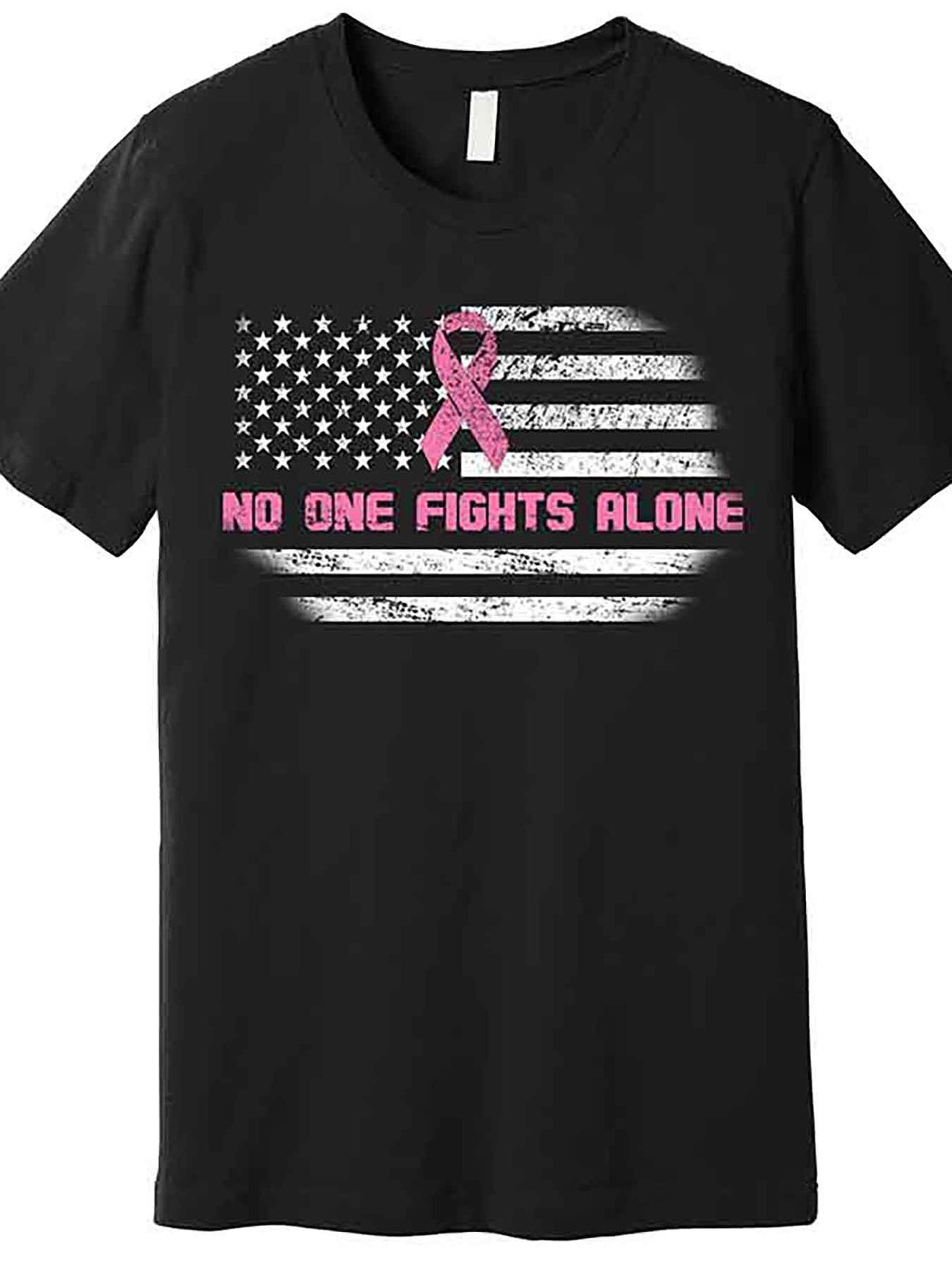 Men’s Breast Cancer Awareness Graphic T-Shirt - "No One Fights Alone" Design with American Flag & Pink Ribbon, Black Cotton Short Sleeve Tee, Casual Comfort Fit, Machine Washable, Casual Wear | Graphic Tee |