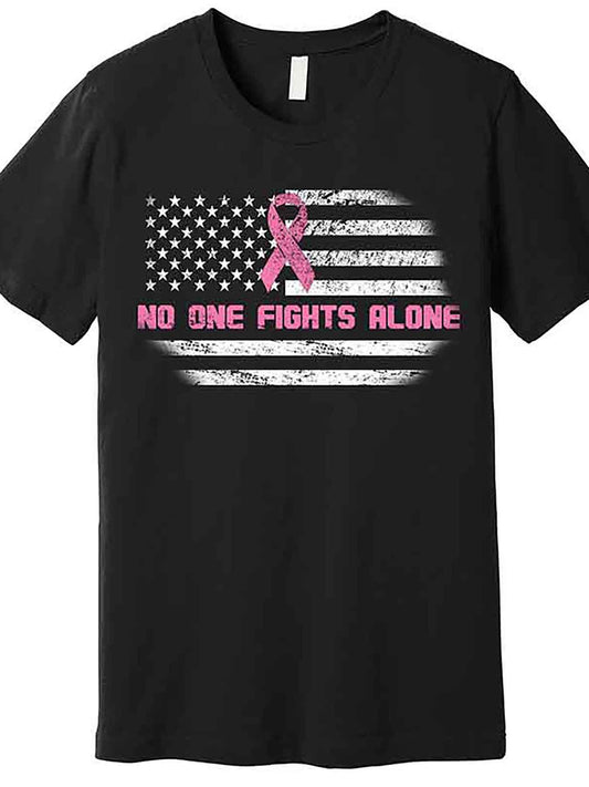 Men’s Breast Cancer Awareness Graphic T-Shirt - "No One Fights Alone" Design with American Flag & Pink Ribbon, Black Cotton Short Sleeve Tee, Casual Comfort Fit, Machine Washable, Casual Wear | Graphic Tee |