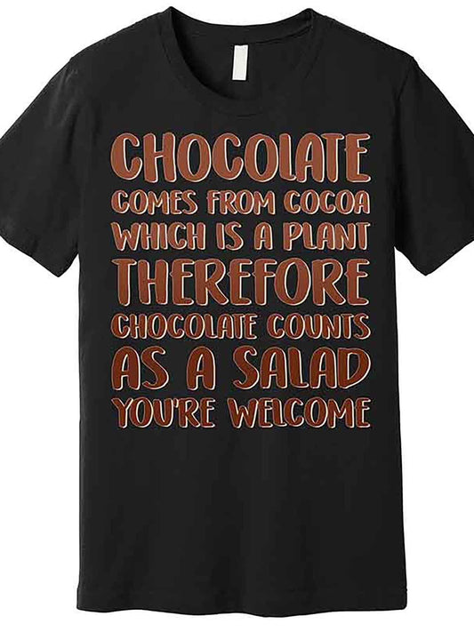 Men’s Funny "Chocolate Counts As A Salad" Graphic T-Shirt - Black Cotton Short Sleeve Tee, Casual & Comfortable Fit, Machine Washable, Humorous Cocoa-Inspired Design