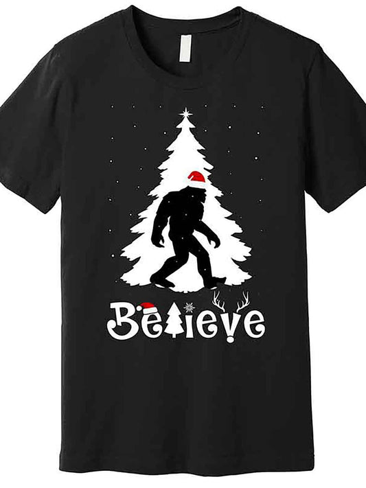 Men's Christmas Sasquatch Graphic T-Shirt, 100% Cotton Crew Neck Tee, Casual Style with Medium Stretch, Solid Color with Applique Detail, Regular Fit - Black, Christmas Apparel | Humorous Christmas Tee | Medium Stretch Fabric, Christmas Shirts