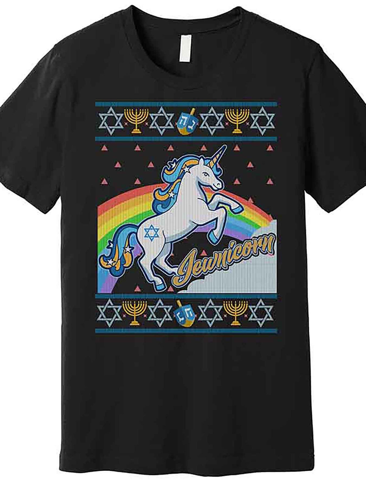 Men’s Black Hanukkah Unicorn Graphic T-Shirt – Funny Jewnicorn Design with Menorah, Dreidels & Stars of David, Short Sleeve Cotton Tee for Festival or Casual Wear