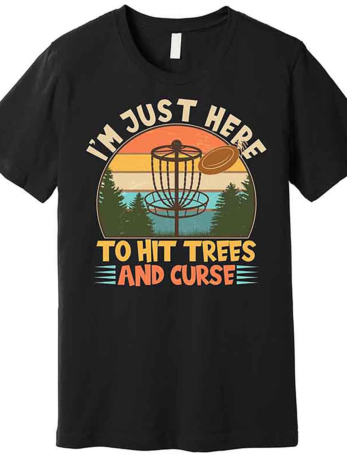 Men’s Vintage Disc Golf Graphic T-Shirt - "I'm Just Here to Hit Trees and Cuss" Funny Black Cotton Tee, Casual Short Sleeve with flying disc Design, Machine Washable