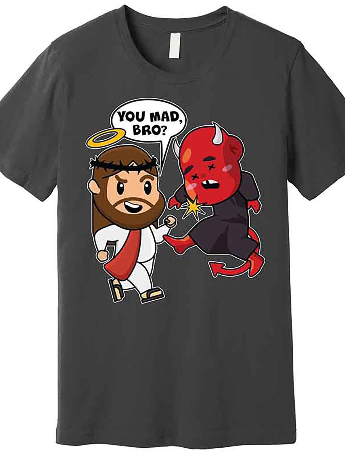 Men’s Funny "You Mad Bro?" Jesus vs Devil Graphic T-Shirt - Black Cotton Short Sleeve Casual Tee, Machine Washable, 100% Cotton, Round Neck, Regular Fit, Comfortable Clothing | Edgy Fashion | Durable Print, VLANMON