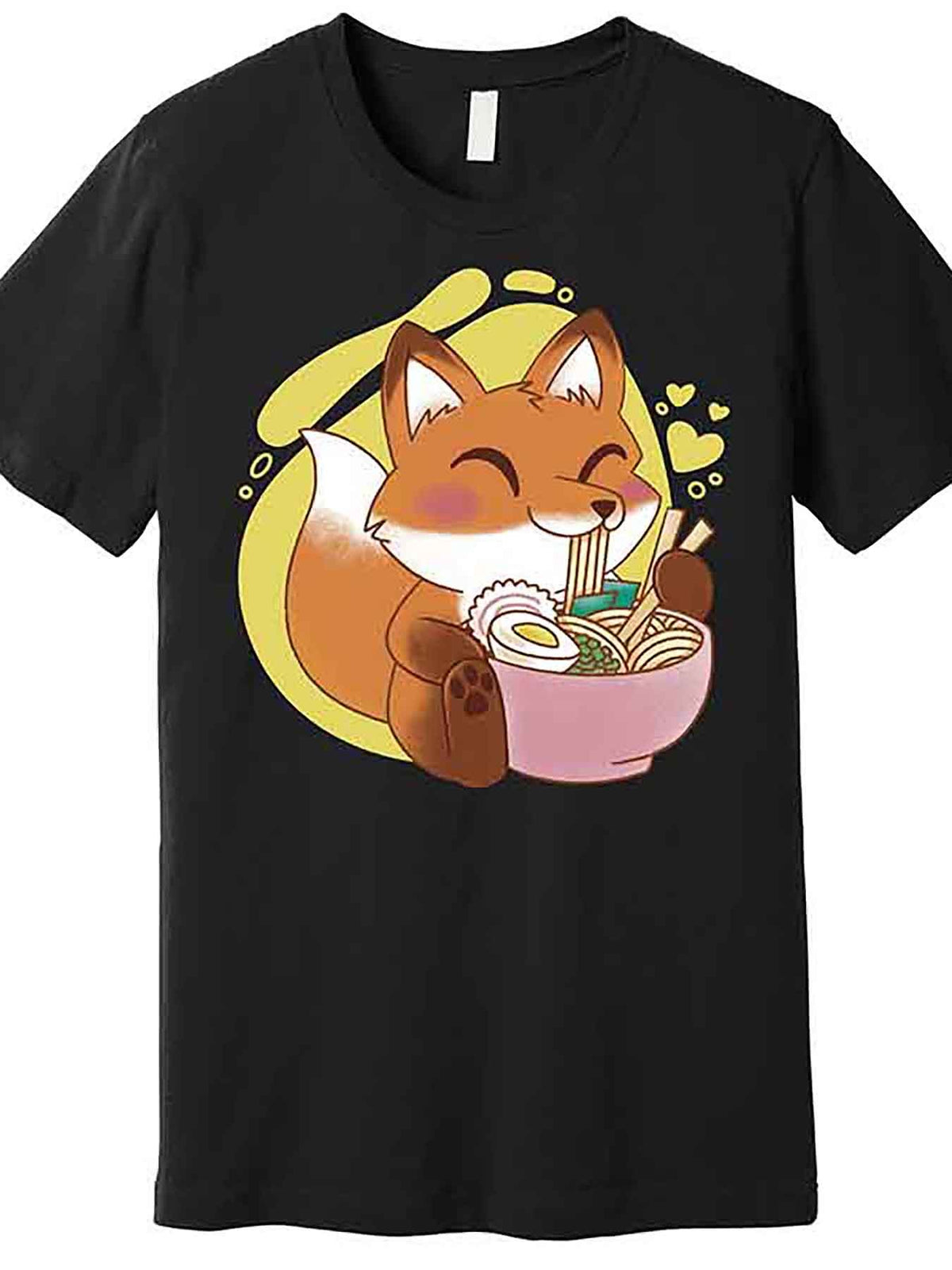 Men’s Funny Kawaii Fox Eating Ramen Graphic T-Shirt - Black Short Sleeve Casual Tee, 100% Cotton, Machine Washable, Round Neck, Smooth Fabric, Cute Anime Design
