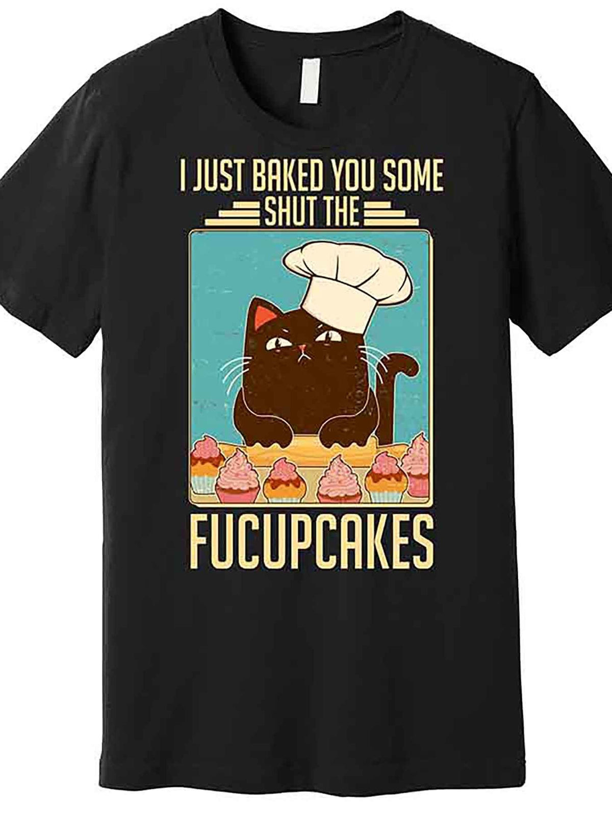 Funny Cat Chef 'Shut The Fucupcakes' Men’s Graphic T-Shirt - Black, Short Sleeve, Cotton Blend, Casual Humor Tee for Baking Enthusiasts