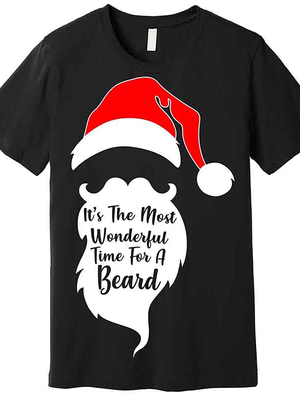 Men’s Funny Christmas Beard Graphic T-Shirt - "It's The Most Wonderful Time for a Beard" Black Cotton Short Sleeve Tee, Casual Holiday Design with Santa Hat & White Beard Illustration, Machine Washable, VLANMON