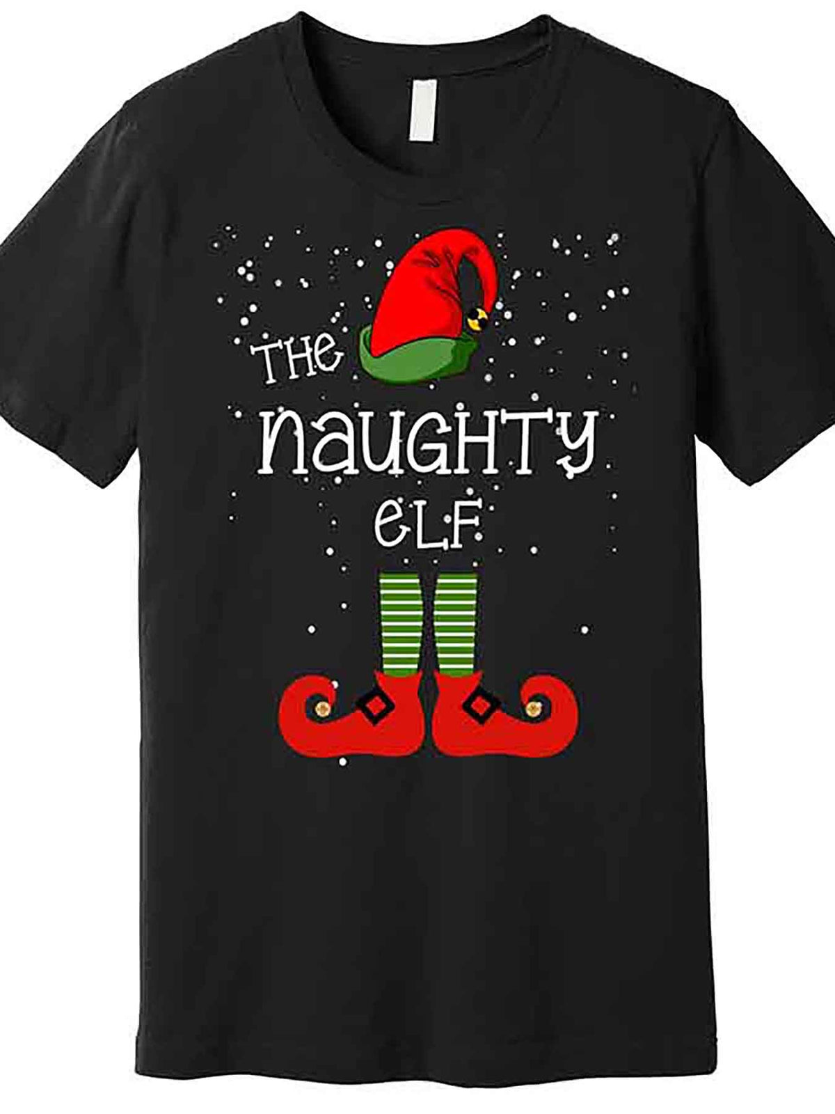 The Naughty Elf Men’s Christmas Graphic T-Shirt - Funny Black Short Sleeve with Festive Santa Hat & Socks Design, 100% Cotton, Casual Holiday Tee for Men, Holiday Casual Wear | Casual Round Neck | Medium Stretch Fabric, Christmas Shirts
