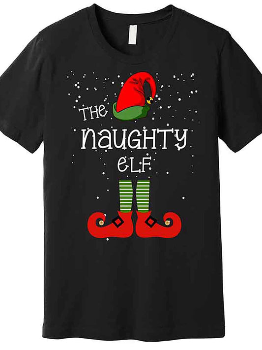 The Naughty Elf Men’s Christmas Graphic T-Shirt - Funny Black Short Sleeve with Festive Santa Hat & Socks Design, 100% Cotton, Casual Holiday Tee for Men, Holiday Casual Wear | Casual Round Neck | Medium Stretch Fabric, Christmas Shirts