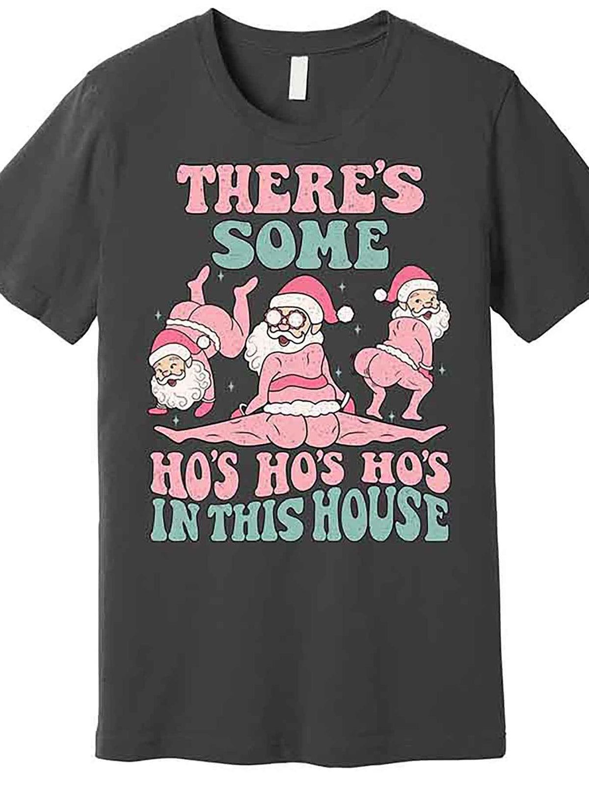Funny Santa Twerk Christmas Graphic T-Shirt - 'There’s Some Hos In This House' Men’s Short Sleeve Tee, Black Cotton Blend Casual Holiday Shirt for Festive Fun, Christmas Shirts