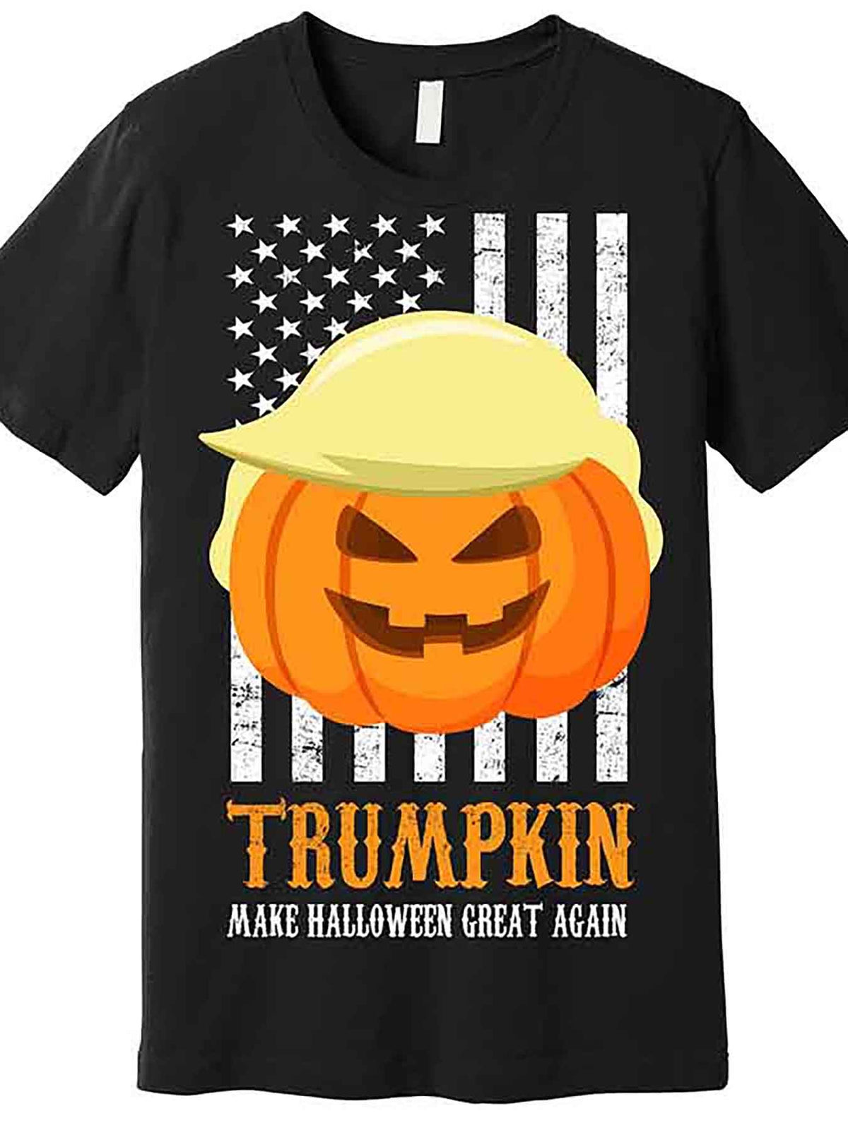 Men’s Funny Halloween Trumpkin Graphic T-Shirt - Black Short Sleeve Cotton Tee with "Make Halloween Great Again" Design, Casual Fit, Machine Washable, Humorous Costume Shirt | American Flag Motif | Medium Elasticity Shirt