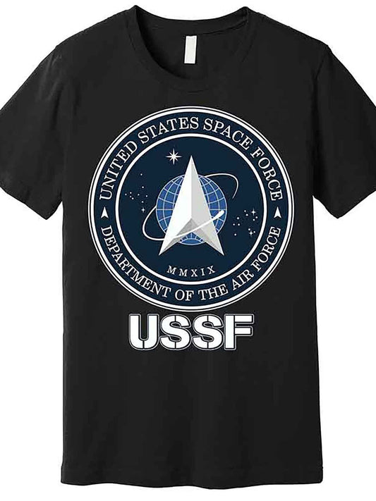 Men’s Black USSF Space Force Graphic T-Shirt - Short Sleeve, Air Force Logo Design, 100% Cotton, Casual Fit, Machine Washable, Astronaut Decor