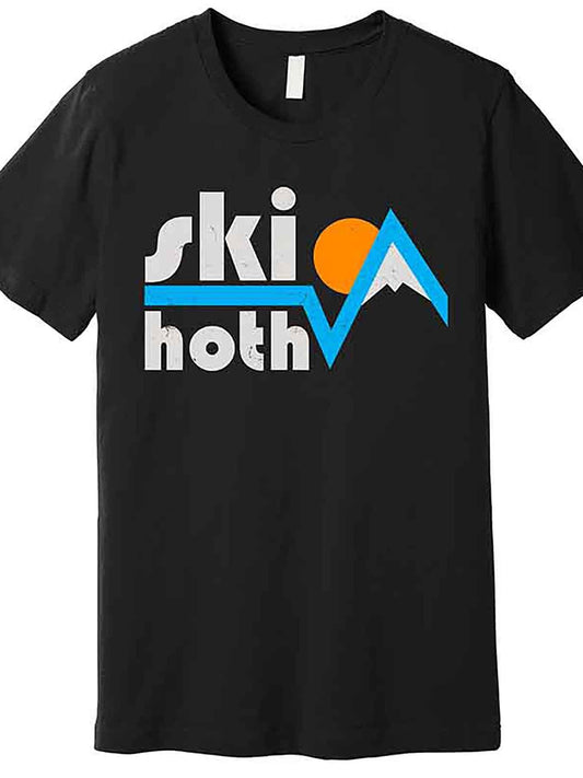 Men's Vintage Retro Ski Hoth Logo Graphic T-Shirt - Black Short Sleeve Casual Tee with Mountain & Sun Design, Regular Fit, Machine Washable, Medium-Stretch Fabric for Casual Attire, Ski Gear, Nontransparent Material