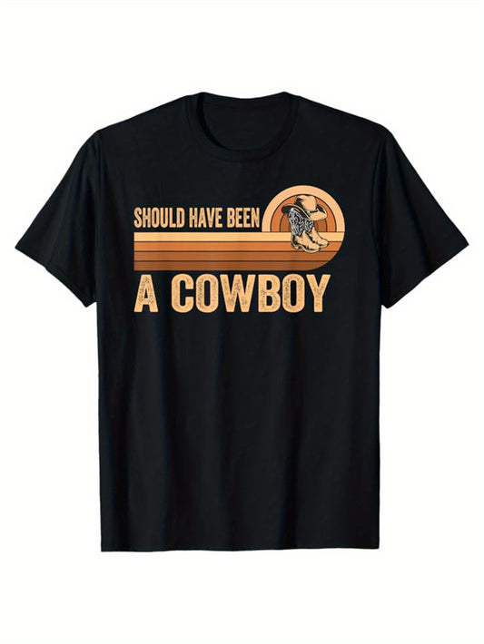 Western Cowboy Print Men's Cotton Top, Casual Short Sleeve Crew Neck T-shirt, Men's Clothing For Outdoor