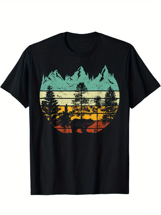 Men's Nature Wildlife Trees Print Cotton T-shirt, Casual Short Sleeve Crew Neck T-shirt, Men's Tee For Outdoor
