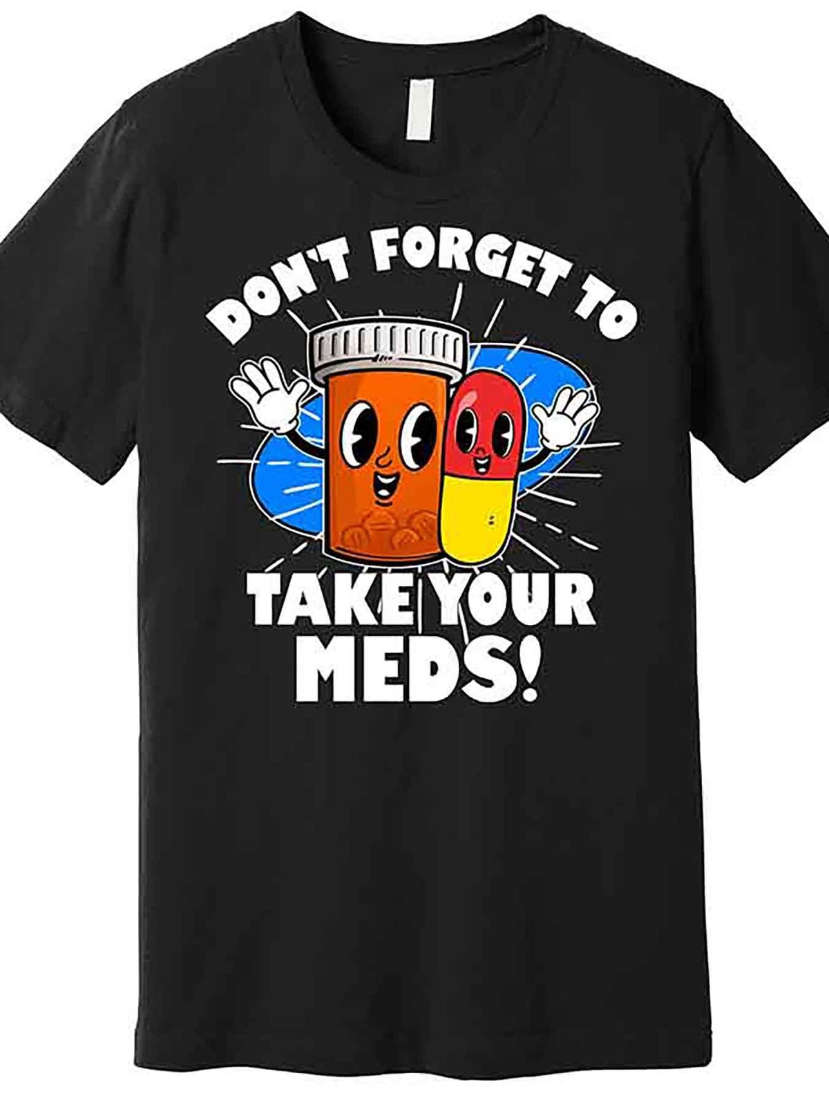 Men’s Funny Retro Cartoon "Don’t Forget to Take Your Meds" Graphic T-Shirt - Black Short Sleeve Cotton Tee with Whimsical Pill & Bottle Design, Casual Round Neck, Machine Washable