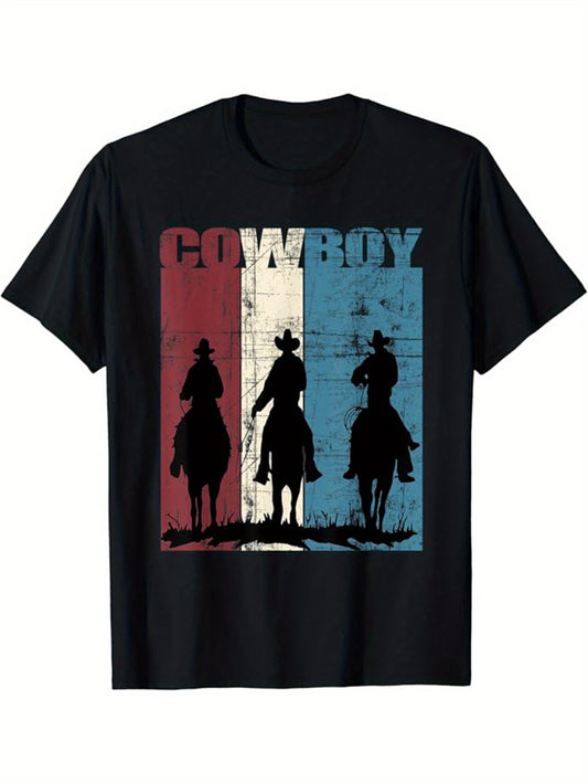 Western Cowboy Print Men's Cotton Graphic T-shirt, Casual Short Sleeve Crew Neck T-shirt, Men's Tee For Outdoor