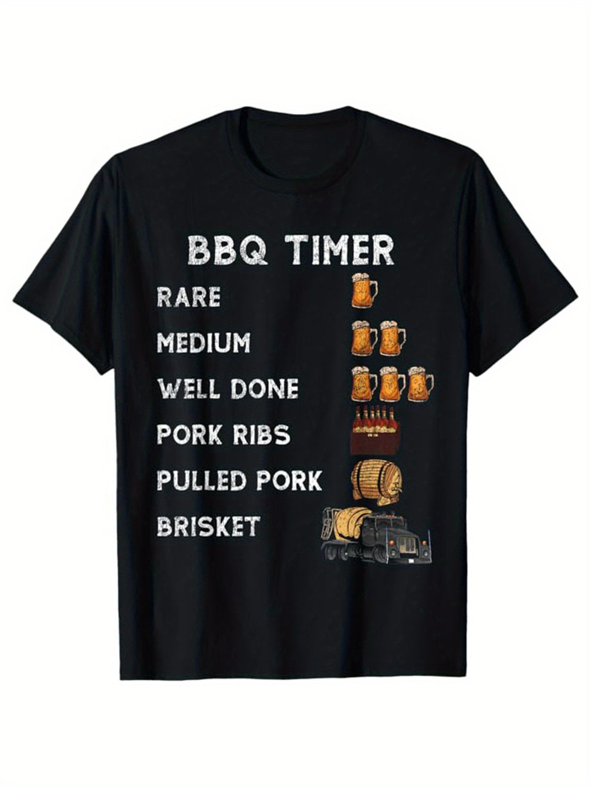 Men's "BBQ Timer" Graphic Cotton Tee - Casual Crew Neck, Short Sleeve, Breathable & Stretchy, Perfect for Outdoor Grilling - Black