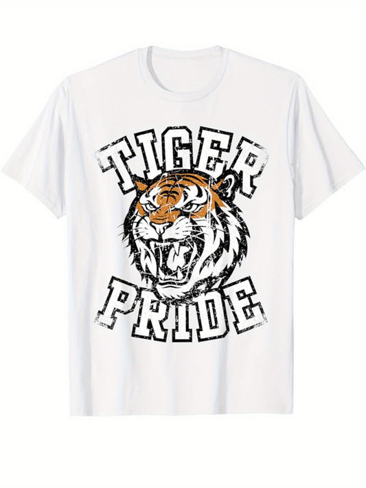 Tiger Printed Men's Cotton Graphic T-shirt, Casual Short Sleeve Crew Neck Gamer T-shirt, Men's Tee For Outdoor