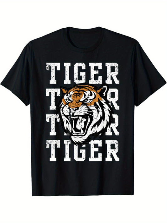 Tiger Printed Men's Cotton Graphic T-shirt, Casual Short Sleeve Crew Neck Gamer T-shirt, Men's Tee For Outdoor