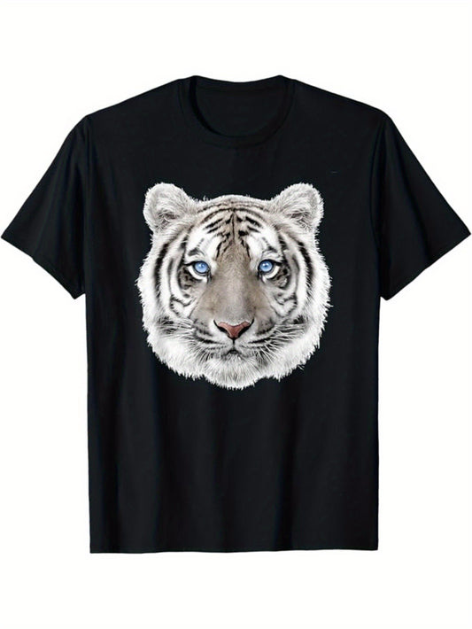 Tiger Printed Men's Cotton Graphic T-shirt, Casual Short Sleeve Crew Neck Gamer T-shirt, Men's Tee For Outdoor