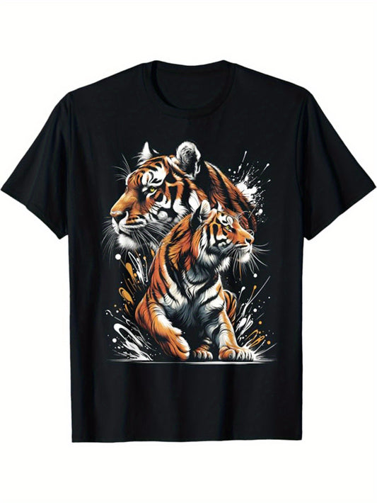 Tiger Printed Men's Cotton Graphic T-shirt, Casual Short Sleeve Crew Neck Gamer T-shirt, Men's Tee For Outdoor
