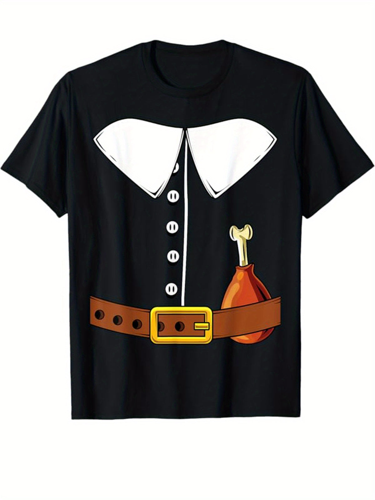 Men's Thanksgiving-Themed Cotton Graphic T-Shirt - Casual Black Crew Neck Tee with Cartoon Pilgrim Costume Print, Short Sleeve, Machine Washable for All Seasons, Thanksgiving T Shirts