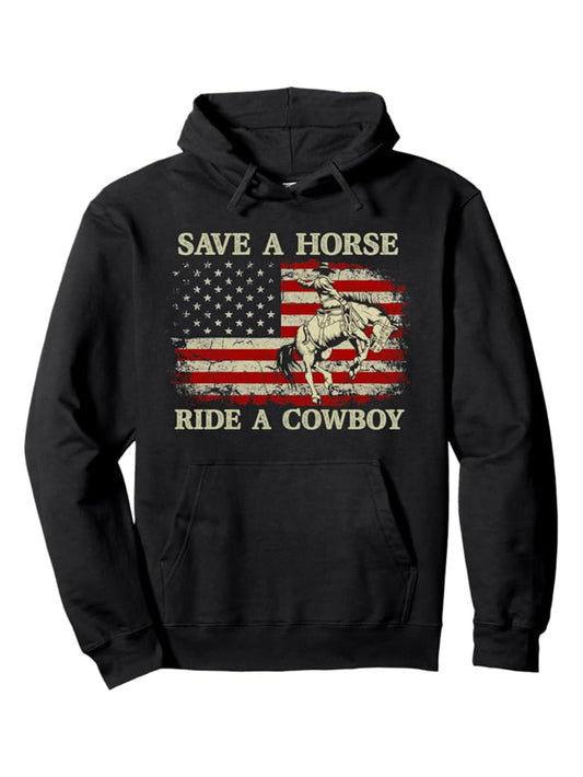 Cotton Blend Western Cowboy Print Men's Simple Style Warm Pullover Round Neck Hoodies With Kangaroo Pocket Long Sleeve Hooded Sweatshirt Loose Casual Top For Autumn Winter Men's Clothing As Gifts