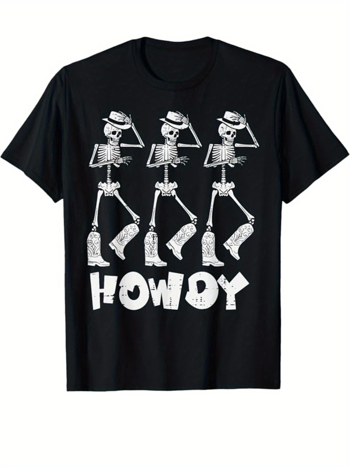 Men's Cotton Graphic T-Shirt - Howdy Skeleton Print, Casual Short Sleeve Crew Neck Tee, Black with White Skeleton Design, Relaxed Fit, Machine Washable, Perfect for Halloween or Casual Attire, Casual Wear | Casual Style | Cotton Fabric