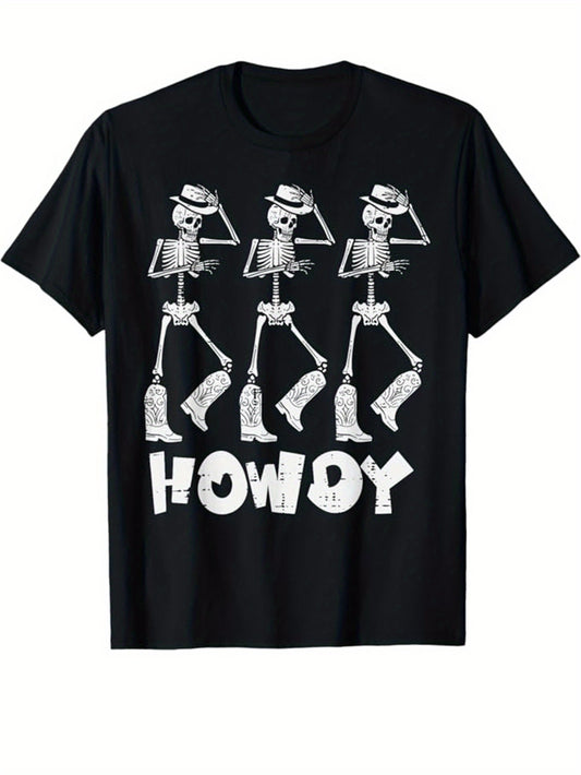Men's Cotton Graphic T-Shirt - Howdy Skeleton Print, Casual Short Sleeve Crew Neck Tee, Black with White Skeleton Design, Relaxed Fit, Machine Washable, Perfect for Halloween or Casual Attire, Casual Wear | Casual Style | Cotton Fabric