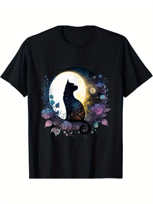 Cute Cat Motif Cat In Moonlight Cat T-Shirt