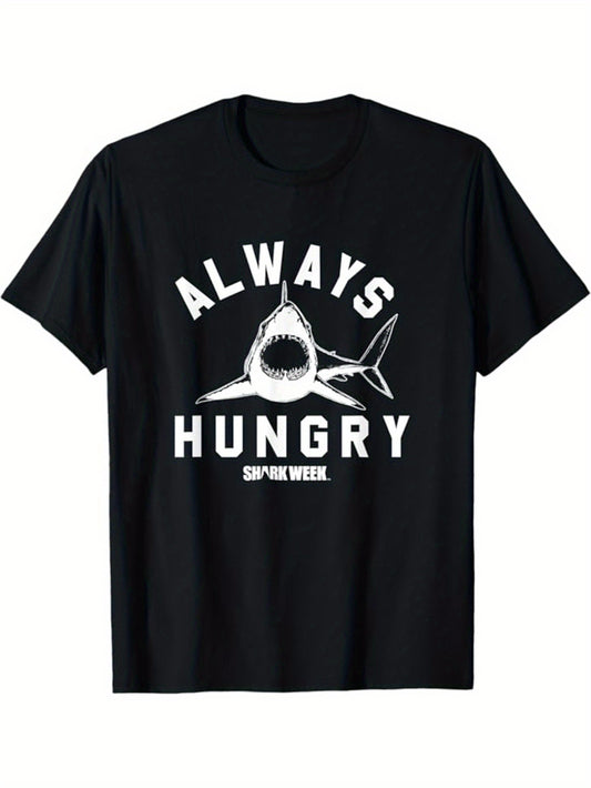 Shark Print Men's Cotton T-shirt, Graphic Tee Men's Outdoor Clothes, Men's Clothing, Casual Short Sleeve Crew Neck T-shirt, Tops For Men, Gift For Men