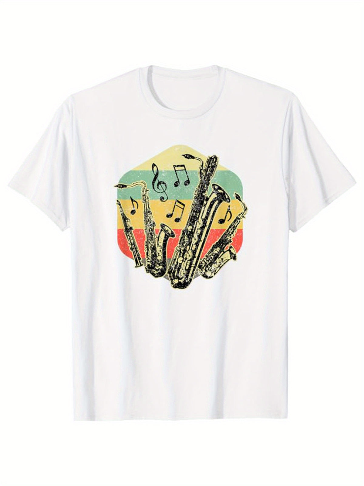 Sax Print Men's Cotton T-shirt, Graphic Tee Men's Funny Happy Outdoor Clothes, Men's Music Clothing, Casual Short Sleeve Crew Neck T-shirt, Tops For Men, Gift For Men