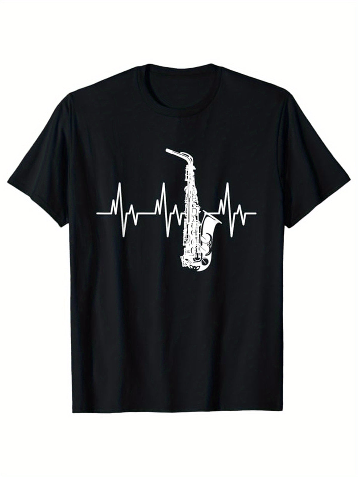 Saxophone Embossed Print, Men's Pure Cotton Round Neck Short Sleeve Tee, Fashion Regular Fit T-Shirt Top For Spring Summer Holiday Leisure Vacation