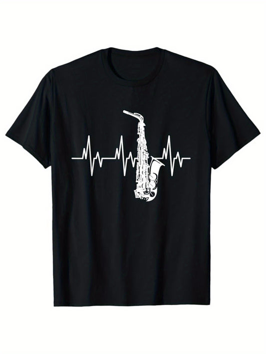 Saxophone Embossed Print, Men's Pure Cotton Round Neck Short Sleeve Tee, Fashion Regular Fit T-Shirt Top For Spring Summer Holiday Leisure Vacation