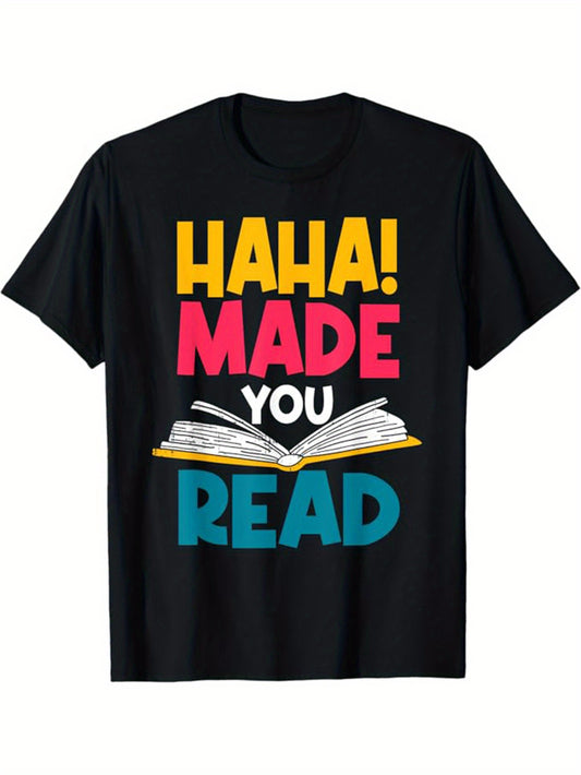 "HAHA! MADE YOU READ" Letter And Book Graphic Print T-shirt For Men, Pure Cotton Short Sleeve Tee, Summer Top For Casual Wear