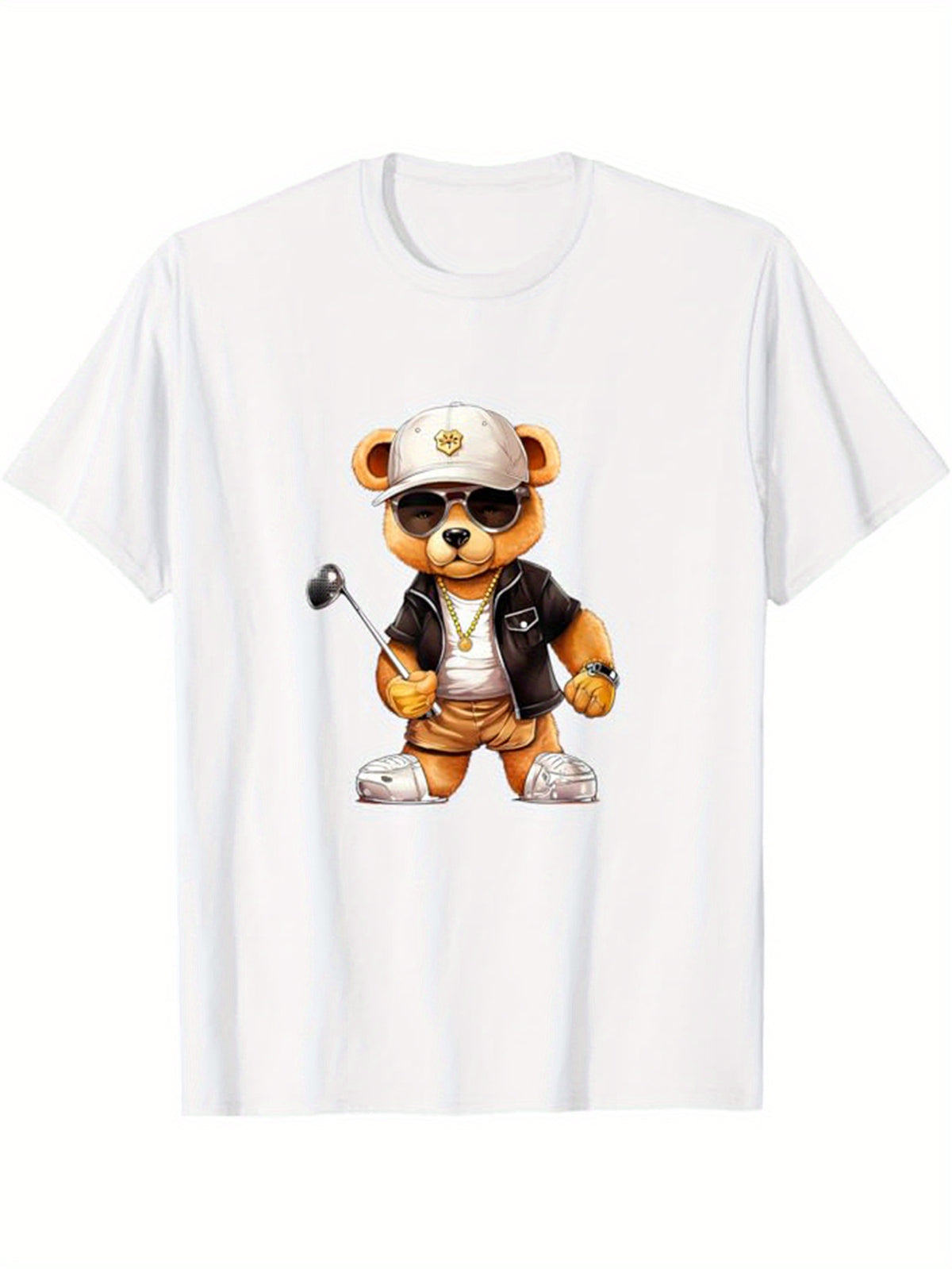 Men's Cotton T-Shirt With Teddy Bear Print, Casual Short Sleeve Round Neck Tee, Soft Comfortable Top, Fashion Tee