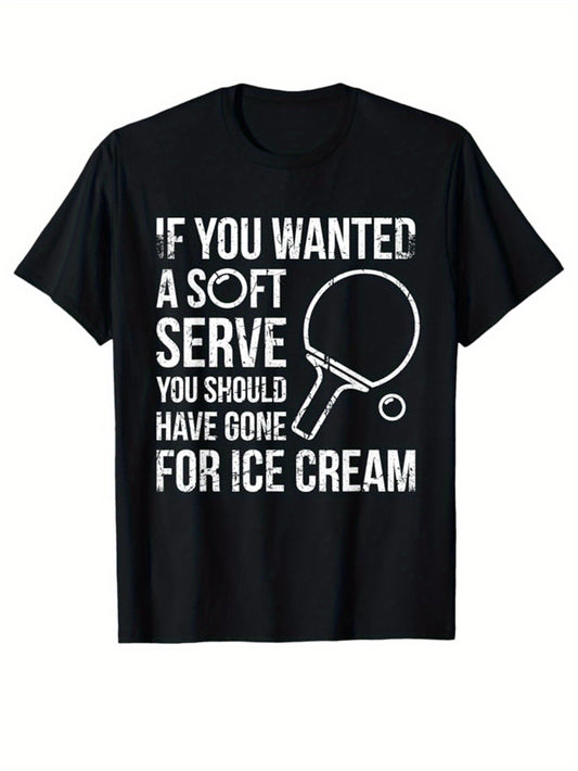 Men's Cotton T-Shirt With Table Tennis Print, Casual Short Sleeve Round Neck Tee, Soft Comfortable Top, Ping Pang Print Tee