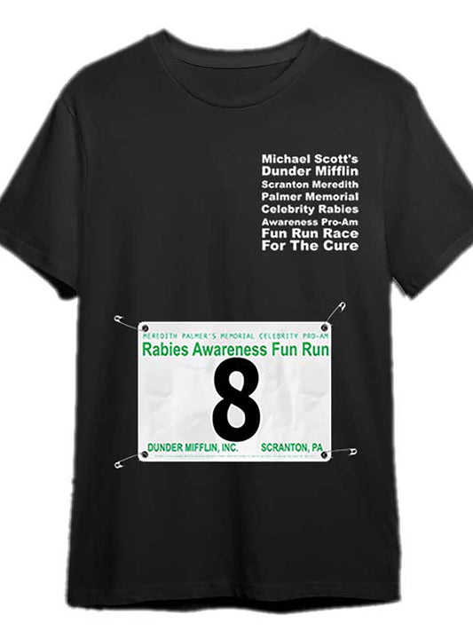 Dunder Mifflin Fun Run Race #8 Phyllis Memorial T-Shirt, 100% Cotton Crew Neck Short Sleeve Tee, Casual Knit Fabric with Medium Stretch, Solid Color Graphic Shirt for Men - Black