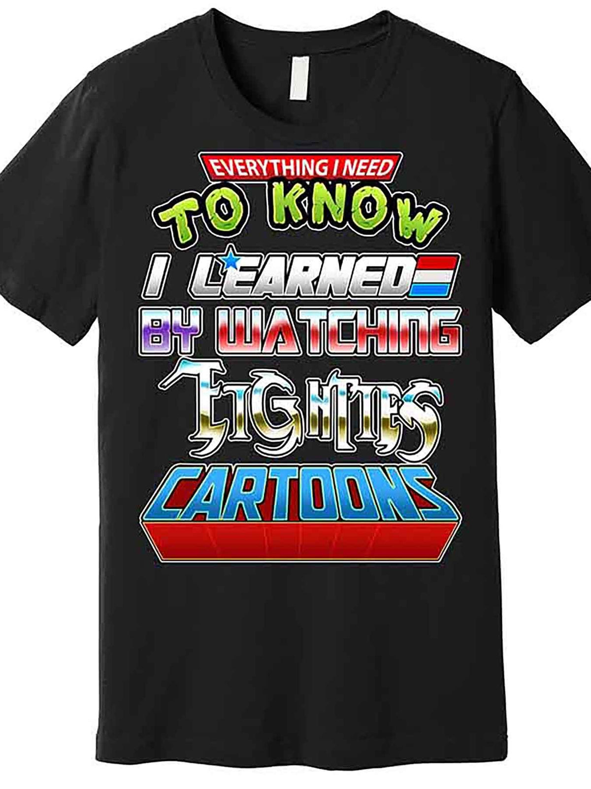 Men’s Retro Eighties Cartoon Graphic T-Shirt - Funny "Everything I Need to Know I Learned By Watching Cartoons" Design, Black Cotton Short Sleeve Tee, Casual & Comfortable Fit, Cartoon Tshirt, VLANMON