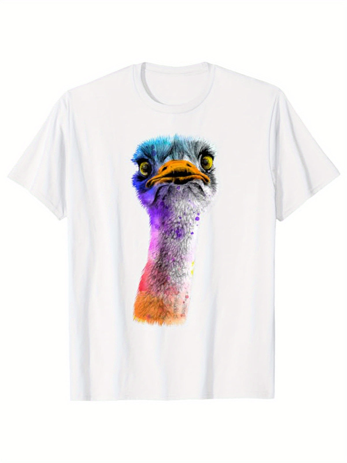 Men's Casual 100% Cotton Ostrich Graphic Tee - Relaxed Fit, Short Sleeve Crew Neck T-Shirt with Vibrant Watercolor Print, Machine Washable, Perfect for All Seasons