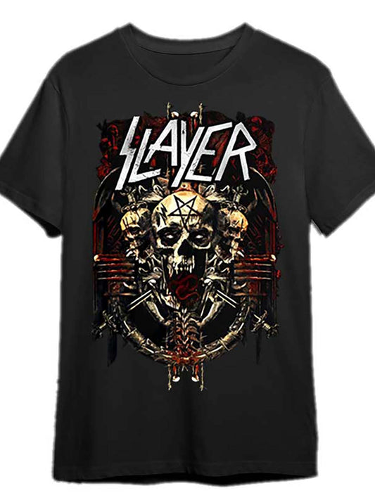 Slayer Demonic Graphic Men's Black T-Shirt - Short Sleeve, Cotton, Machine Washable, Casual Style with Skull and Pentagram Design, Band Merchandise|Bold Print Shirt|Glossy Finish