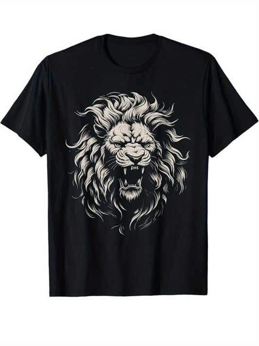 [Men's Graphic Cotton T-shirt] Lion Print, Men's Cotton T-shirt, Graphic Tee Men's Outdoor Clothes, Men's Clothing, Casual Short Sleeve Crew Neck T-shirt