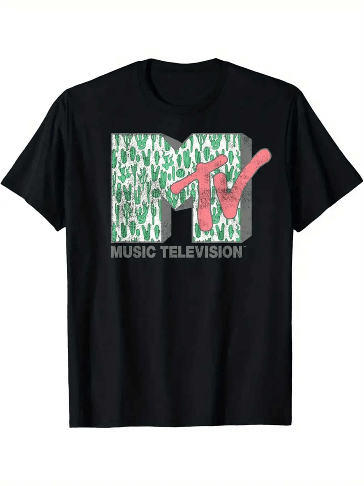 Men's 100% Cotton Graphic Print T-Shirt, MTV Logo Design, Black Crew Neck Short Sleeve Tee for Summer Casual Wear, Vacation Apparel | Trendy Casual Top | Glossy Finish