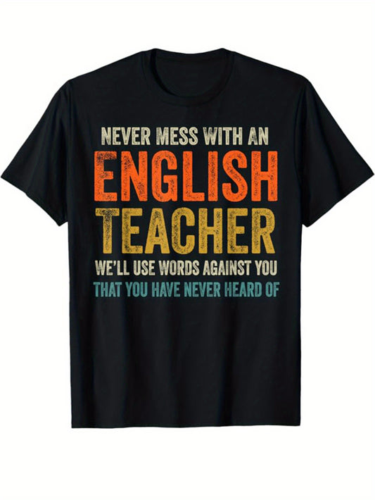 English Teacher Print, Men's Cotton T-shirt, Funny Graphic Tee Men's Outdoor Clothes, Men's Clothing, Back To School Casual Short Sleeve Crew Neck T-shirt