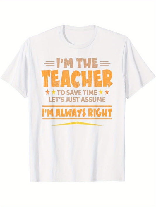 Music Teacher Print Men's Cotton T-shirt, Graphic Tee Men's Outdoor Clothes, Men's Back To School Clothing, Casual Short Sleeve Crew Neck T-shirt, Tops For Men, Gift For